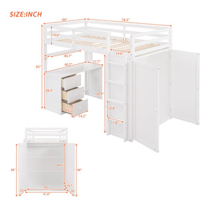 English Elm Twin Loft Bed with Built-in Desk Wardrobe and Drawers for Kids Compact Rooms White LT000301AAK-1