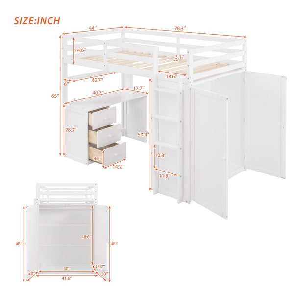 English Elm Twin Loft Bed with Built-in Desk Wardrobe and Drawers for Kids Compact Rooms White LT000301AAK-1