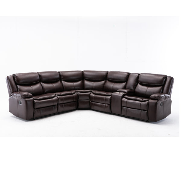 English Elm L Leather Power Reclining Sectional Sofa with USB Ports, Storage Console, Breathable Seating for 5 Brown W791S00001