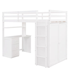 English Elm Twin Loft Bed with Built-in Desk Wardrobe and Drawers for Kids Compact Rooms White LT000301AAK-1