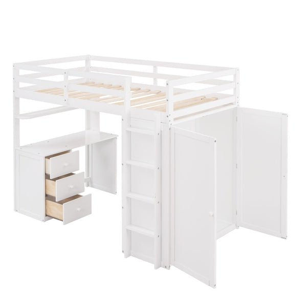 English Elm Twin Loft Bed with Built-in Desk Wardrobe and Drawers for Kids Compact Rooms White LT000301AAK-1