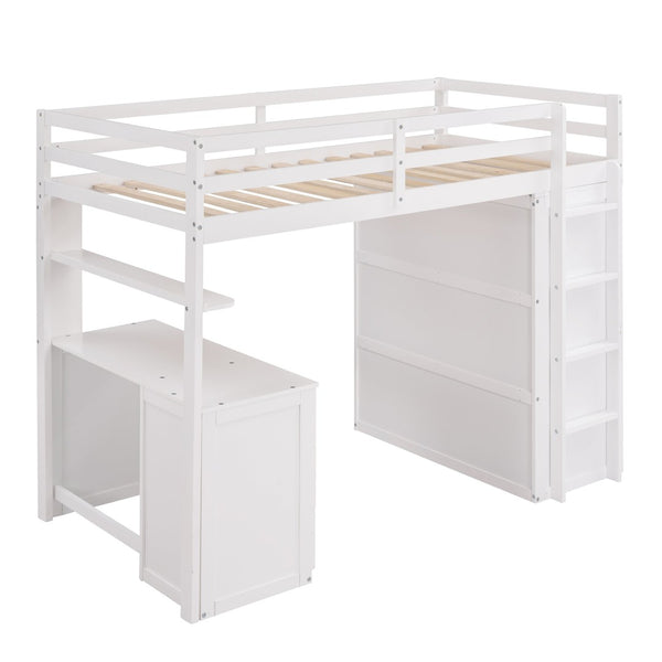 English Elm Twin Loft Bed with Built-in Desk Wardrobe and Drawers for Kids Compact Rooms White LT000301AAK-1