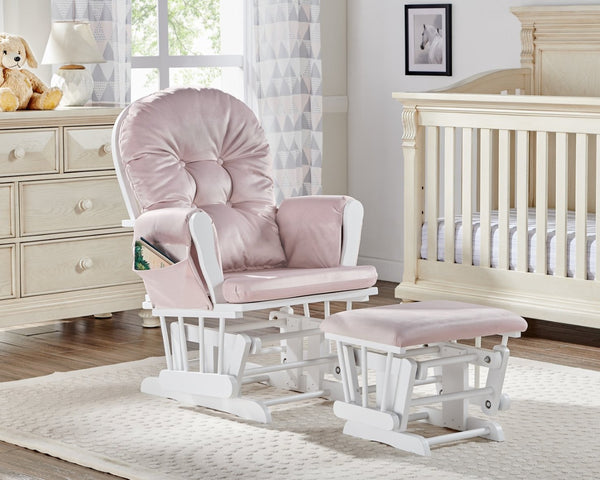 English Elm Mason Glider Ottoman Set White Wood Frame Pink Upholstery Nursery Seating with Storage B02263776