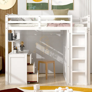English Elm Twin Loft Bed with Built-in Desk Wardrobe and Drawers for Kids Compact Rooms White LT000301AAK-1