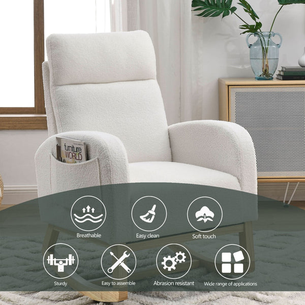 English Elm [video] Welike Plush Teddy Fleece Rocking Accent Chair with Tall Backrest and Side Pockets W83472313