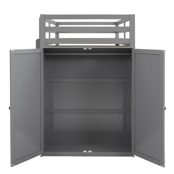 English Elm Twin Loft Bed with Built-in Desk Wardrobe and Drawers for Kids Compact Rooms Gray LT000301AAE-1