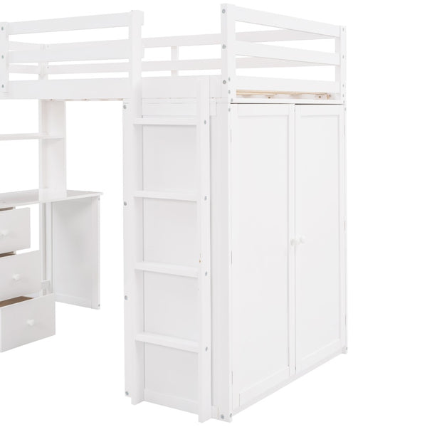 English Elm Twin Loft Bed with Built-in Desk Wardrobe and Drawers for Kids Compact Rooms White LT000301AAK-1