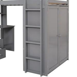English Elm Twin Loft Bed with Built-in Desk Wardrobe and Drawers for Kids Compact Rooms Gray LT000301AAE-1
