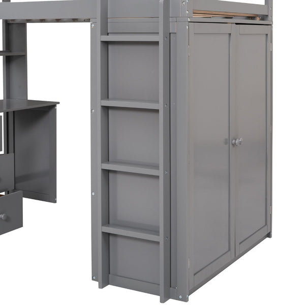 English Elm Twin Loft Bed with Built-in Desk Wardrobe and Drawers for Kids Compact Rooms Gray LT000301AAE-1