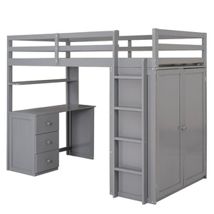 English Elm Twin Loft Bed with Built-in Desk Wardrobe and Drawers for Kids Compact Rooms Gray LT000301AAE-1