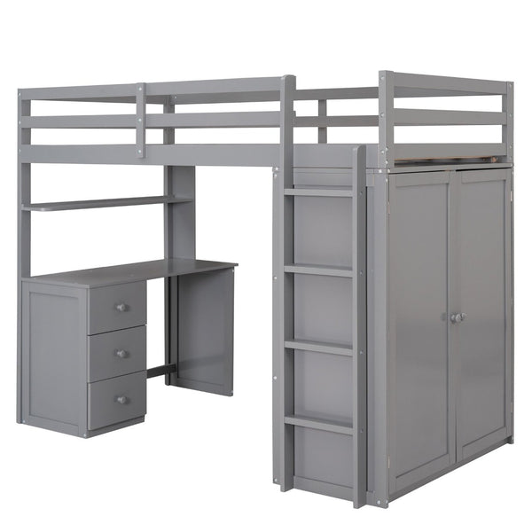 English Elm Twin Loft Bed with Built-in Desk Wardrobe and Drawers for Kids Compact Rooms Gray LT000301AAE-1
