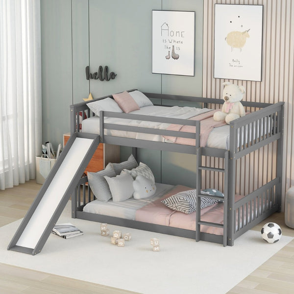 English Elm Twin Low Loft Bed with Pull Out Desk Drawers Cabinet and Shelves for Kids W697S00026