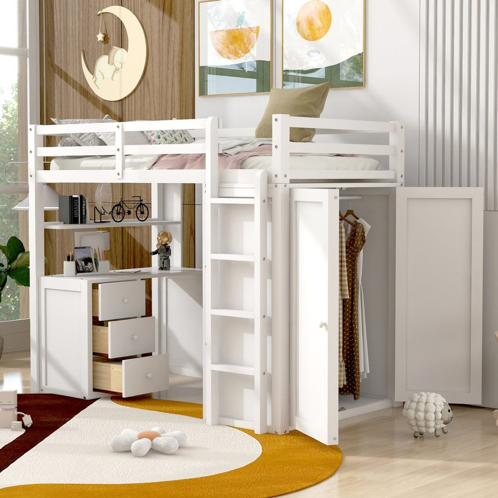English Elm Twin Loft Bed with Built-in Desk Wardrobe and Drawers Solid Pine Space Saver White LT000301AAK-2