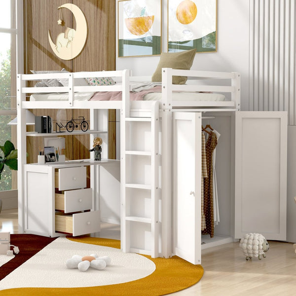 English Elm Twin Loft Bed with Built-in Desk Wardrobe and Drawers Solid Pine Space Saver White LT000301AAK-2