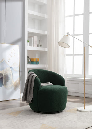 English Elm Teddy Fabric Barrel Swivel Chair with Metal Ring Base for Living Room Reading Nook Green W52741628
