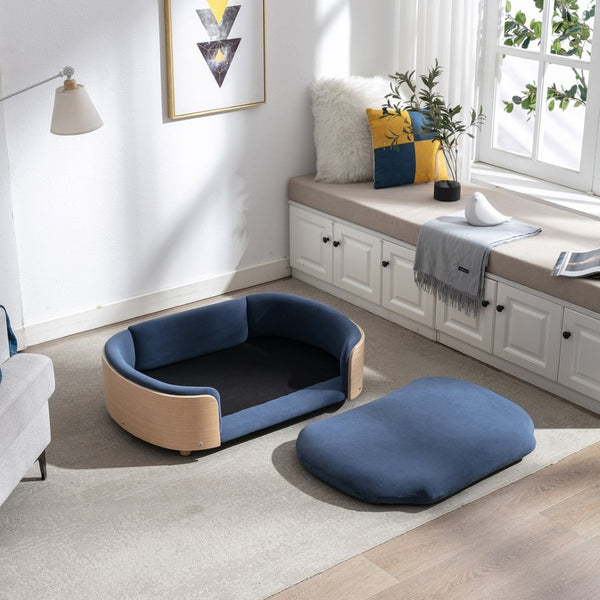 English Elm Scandinavian Mid-century Pet Sofa with Bentwood Back Solid Wood Legs Velvet Cushion Dark Blue W79460563
