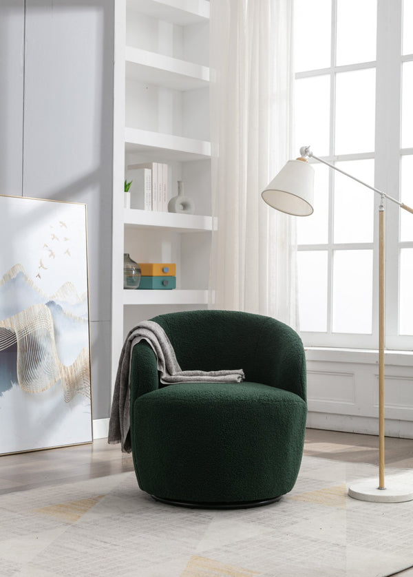 English Elm Teddy Fabric Barrel Swivel Chair with Metal Ring Base for Living Room Reading Nook Green W52741628
