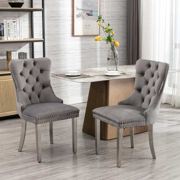 English Elm A&A Velvet Tufted Dining Chair with Nailhead Trim and Chrome Plated Legs — Modern Luxe Seating Gray W114352491