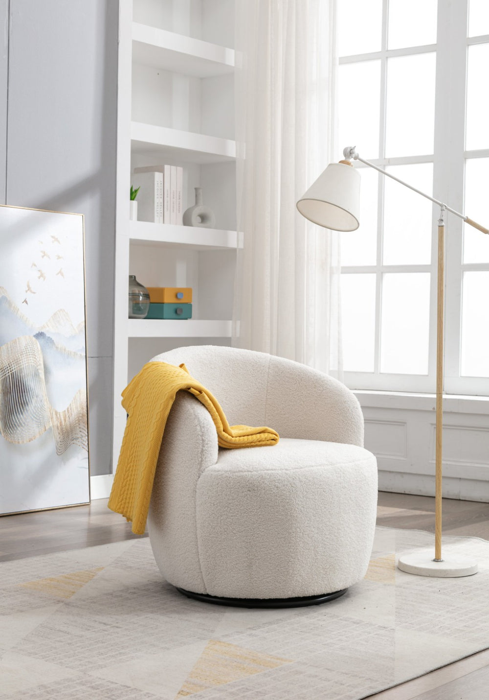 English Elm Teddy Fabric Barrel Swivel Chair with Metal Ring Base for Living Room Reading Nook Ivory W52741627