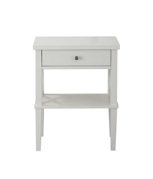 English Elm Madison White Nightstand with Brushed Nickel Pulls, Solid Wood & MDF, Drawer Glide, Open Shelf (21"H) B05063811