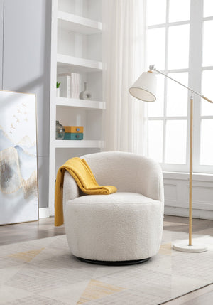 English Elm Teddy Fabric Barrel Swivel Chair with Metal Ring Base for Living Room Reading Nook Ivory W52741627
