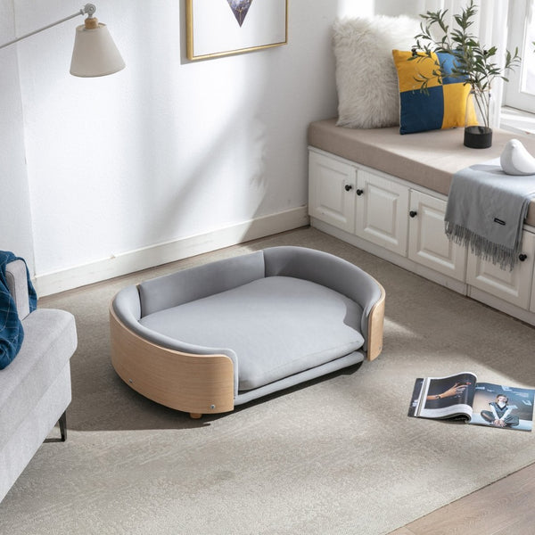 English Elm Scandinavian Mid-century Pet Sofa with Bentwood Back Solid Wood Legs Velvet Cushion Light Grey W79460561