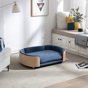 English Elm Scandinavian Mid-century Pet Sofa with Bentwood Back Solid Wood Legs Velvet Cushion Dark Blue W79460563