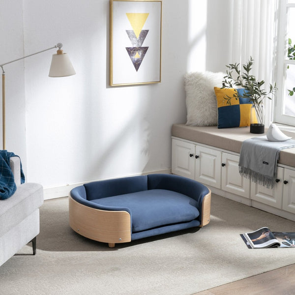 English Elm Scandinavian Mid-century Pet Sofa with Bentwood Back Solid Wood Legs Velvet Cushion Dark Blue W79460563