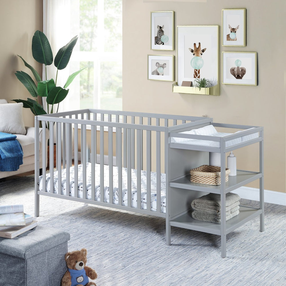 English Elm Palmer Convertible Crib Changer Combo Solid Wood Nursery Furniture in White Gray B02263650