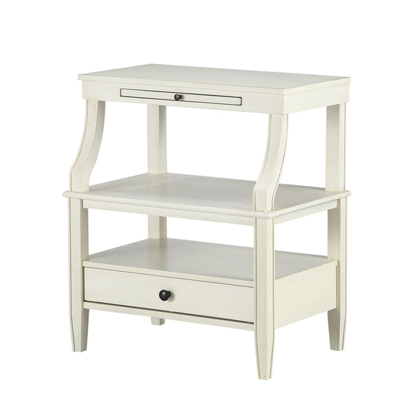 English Elm Newland Antique White Storage Nightstand with Drawer, Pull-Out Tray, Black Hardware & Fluted Legs B05063817