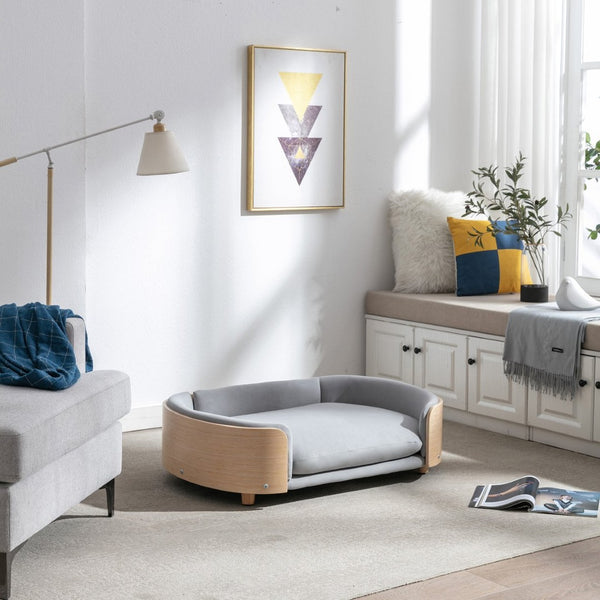 English Elm Scandinavian Mid-century Pet Sofa with Bentwood Back Solid Wood Legs Velvet Cushion Light Grey W79460561