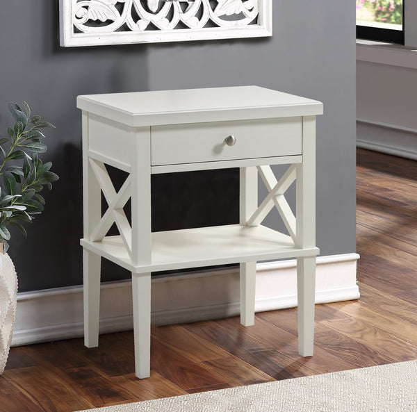 English Elm Madison White Nightstand with Brushed Nickel Pulls, Solid Wood & MDF, Drawer Glide, Open Shelf (21"H) B05063811
