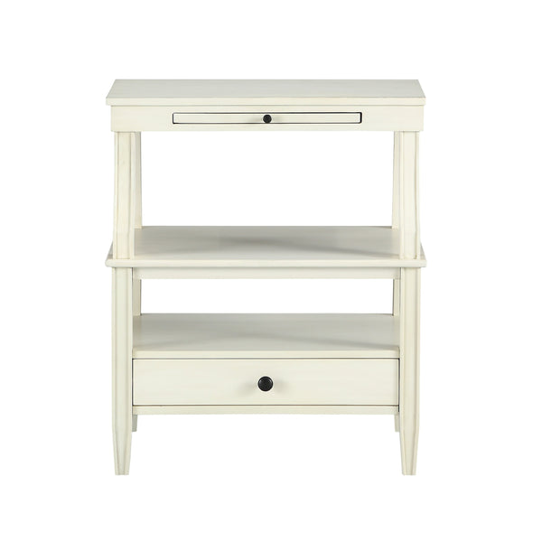 English Elm Newland Antique White Storage Nightstand with Drawer, Pull-Out Tray, Black Hardware & Fluted Legs B05063817