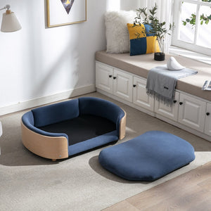 English Elm Scandinavian Mid-century Pet Sofa with Bentwood Back Solid Wood Legs Velvet Cushion Dark Blue W79460563