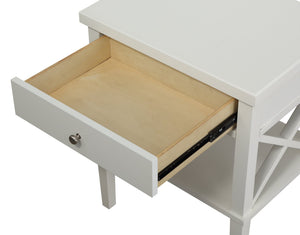 English Elm Madison White Nightstand with Brushed Nickel Pulls, Solid Wood & MDF, Drawer Glide, Open Shelf (21"H) B05063811
