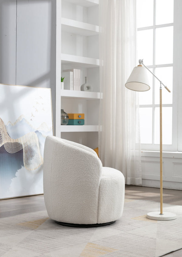 English Elm Teddy Fabric Barrel Swivel Chair with Metal Ring Base for Living Room Reading Nook Ivory W52741627