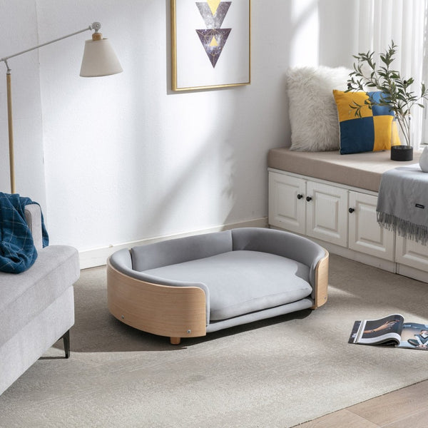 English Elm Scandinavian Mid-century Pet Sofa with Bentwood Back Solid Wood Legs Velvet Cushion Light Grey W79460561