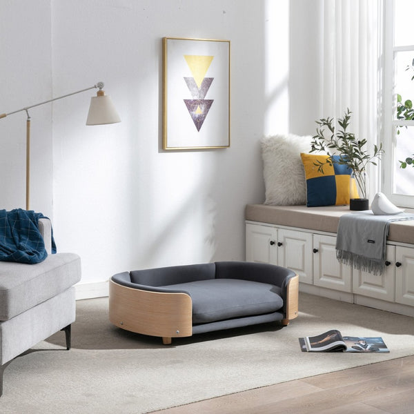 English Elm Scandinavian Mid-century Pet Sofa with Bentwood Back Solid Wood Legs Velvet Cushion W79460562
