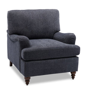 English Elm Candor Arm Chair with English Roll Arms and Pocket Spring Seat, Walnut Turned Legs, Cozy Supportable Upholstery Navy B05063796