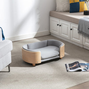 English Elm Scandinavian Elevated Dog Bed Sofa with Velvet Cushion, Solid Wood Legs, Removable Washable Cover W79460547