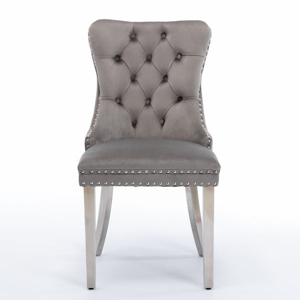English Elm A&A Velvet Tufted Dining Chair with Nailhead Trim and Chrome Plated Legs — Modern Luxe Seating Gray W114352491