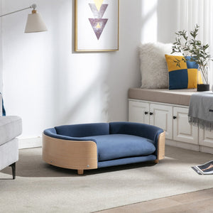 English Elm Scandinavian Mid-century Pet Sofa with Bentwood Back Solid Wood Legs Velvet Cushion Dark Blue W79460563