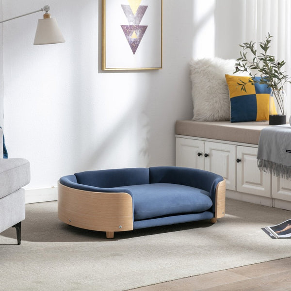 English Elm Scandinavian Mid-century Pet Sofa with Bentwood Back Solid Wood Legs Velvet Cushion Dark Blue W79460563