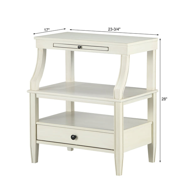 English Elm Newland Antique White Storage Nightstand with Drawer, Pull-Out Tray, Black Hardware & Fluted Legs B05063817