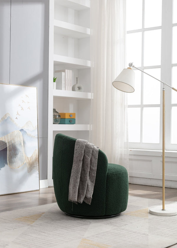 English Elm Teddy Fabric Barrel Swivel Chair with Metal Ring Base for Living Room Reading Nook Green W52741628