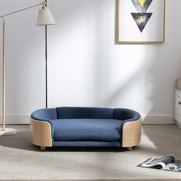 English Elm Scandinavian Mid-century Pet Sofa with Bentwood Back Solid Wood Legs Velvet Cushion Dark Blue W79460563