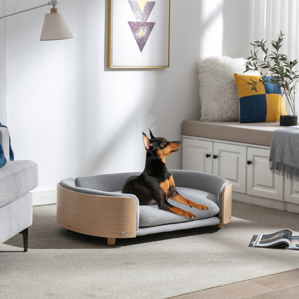 English Elm Scandinavian Mid-century Pet Sofa with Bentwood Back Solid Wood Legs Velvet Cushion Light Grey W79460561