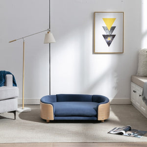 English Elm Scandinavian Mid-century Pet Sofa with Bentwood Back Solid Wood Legs Velvet Cushion Dark Blue W79460563