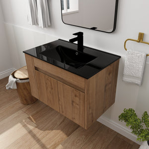 English Elm 30 Inch Bathroom Vanity - Modern Black Ceramic Basin With Adjustable Open Shelf For Small Spaces W999S00004