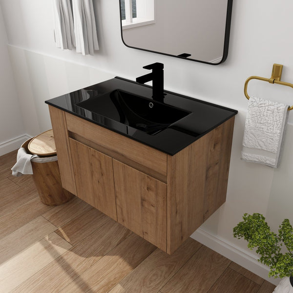 English Elm 30 Inch Bathroom Vanity - Modern Black Ceramic Basin With Adjustable Open Shelf For Small Spaces W999S00004